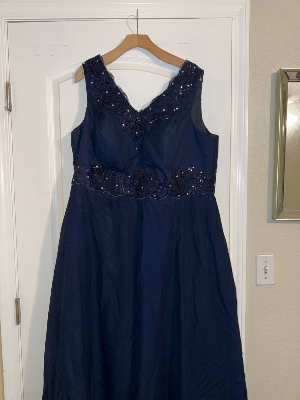 Amazon Navy Beaded V-Neck A-Line Formal Dress